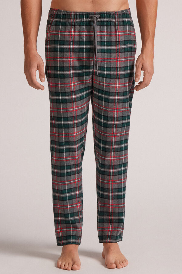Brushed Plain-Weave Cotton Trousers in Grey Check