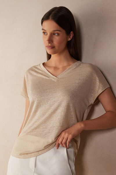 Short-sleeved Linen Top with V Neck