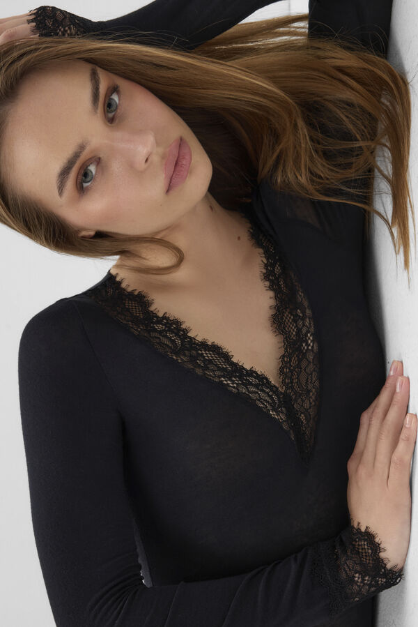 Long Sleeve Bodysuit in Ultralight Modal with Cashmere and Lace