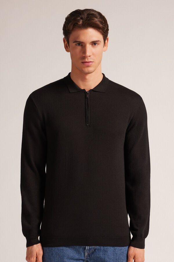 Long-Sleeved Zip-Up Jersey Polo Shirt