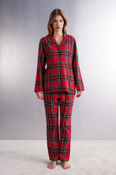 Full-Length Red Tartan Brushed Plain-Weave Pyjamas