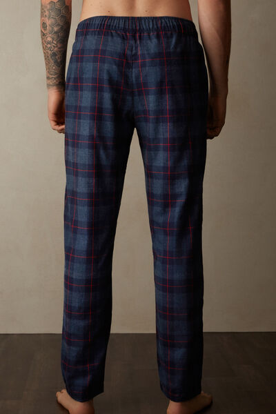 Full-Length Denim and Red Check Pattern Brushed Plain-Weave Pants