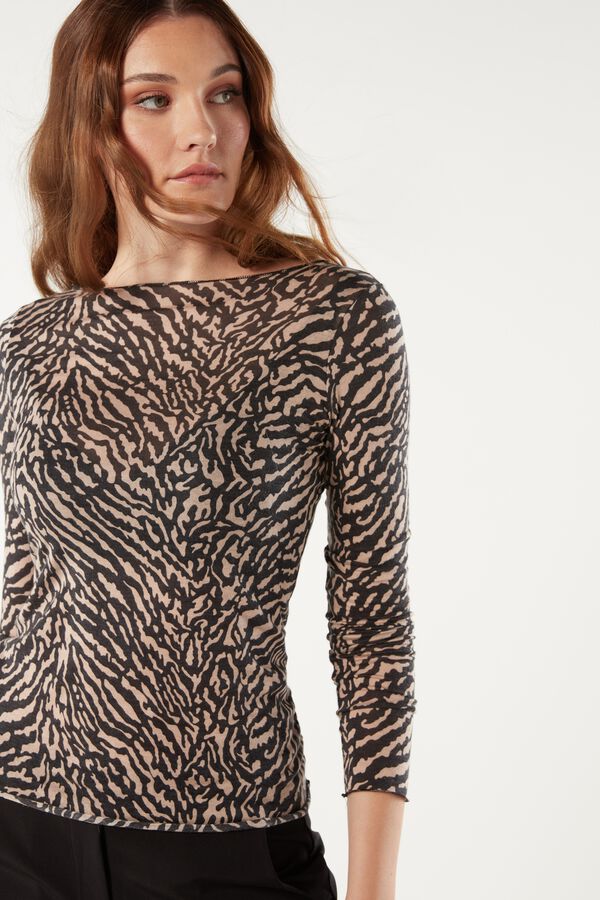 Long-Sleeved Zebra Striped Top in Modal and Ultralight Cashmere