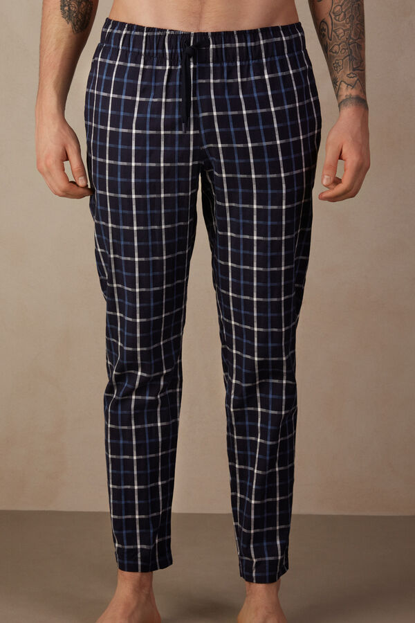 Blue Check Pattern Cotton Canvas Full-Length Pants