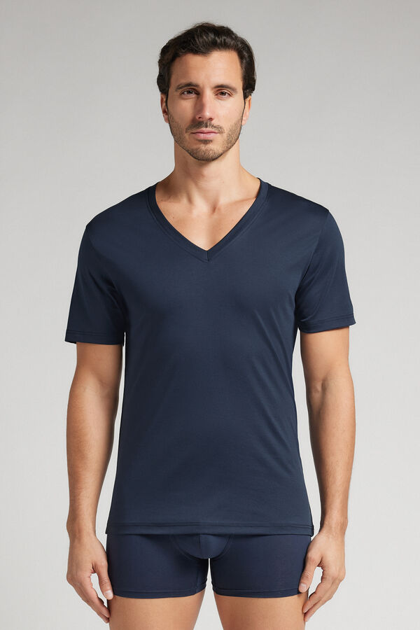T-Shirt mit V-Ausschnitt aus merzerisierter Premium-Baumwolle