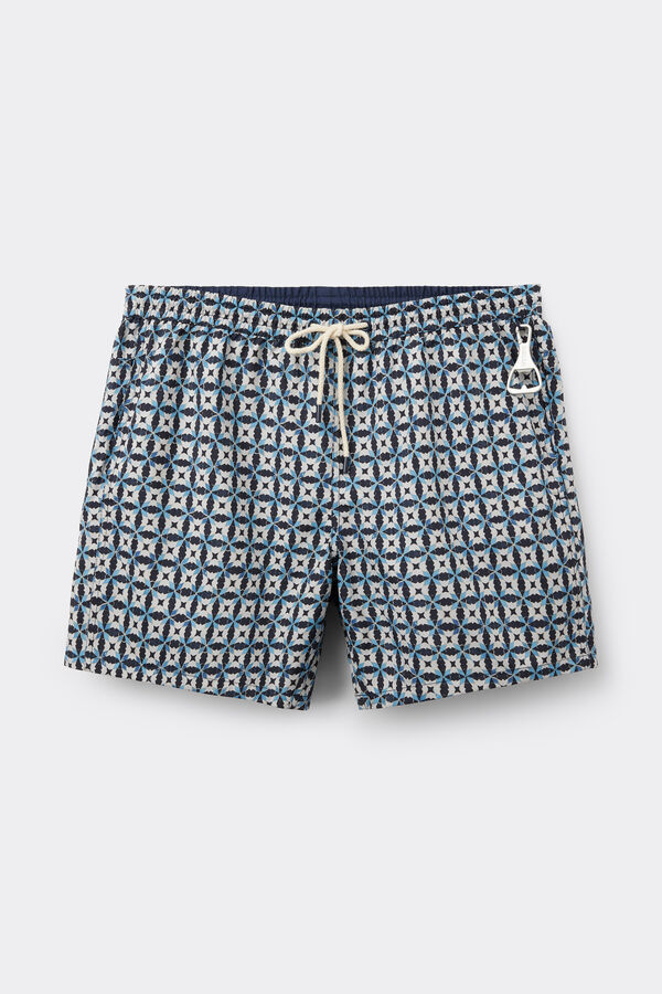 Reversible Swim Trunks with Multi-Coloured Blue Print