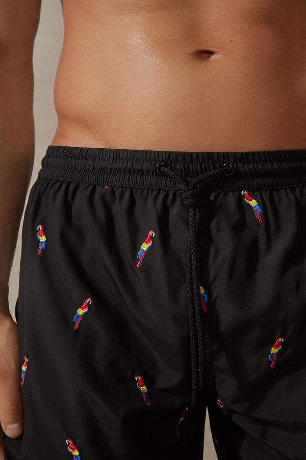 Parrot-Embroidered Swim Shorts