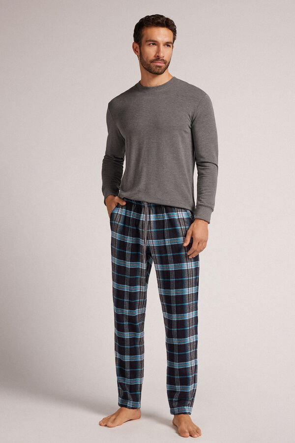 Black and Light Blue Check Print Brushed Cotton Cloth Pants