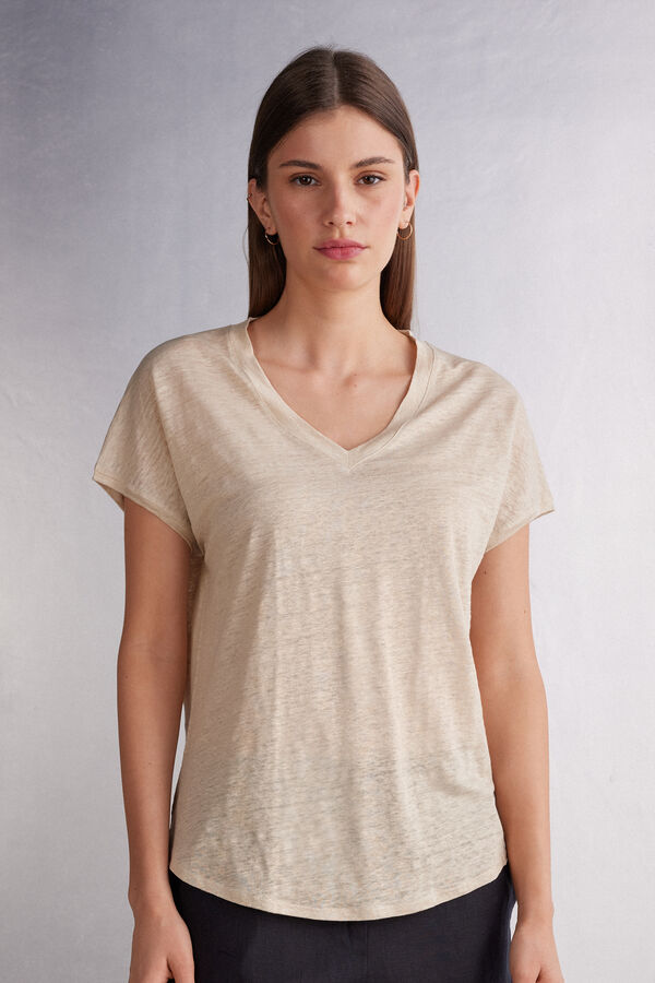 Short-Sleeved Linen Top with V Neck