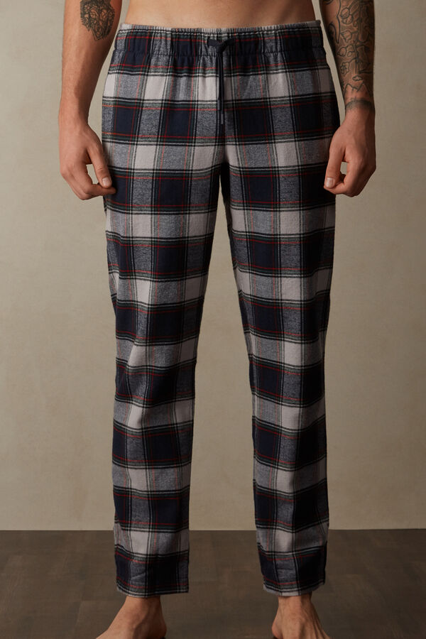 Full-Length Tartan Pattern Brushed Plain-Weave Trousers