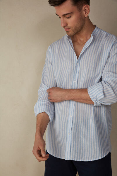 Chemise col mao en lin et coton à rayures bleu clair