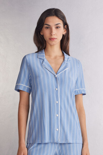Camisola Modal Manga Curta Aberta à Frente Oxford Stripes
