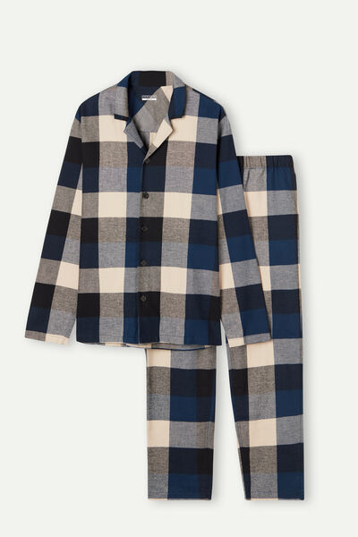 Blue Maxi Check Brushed Plain-Weave Cotton Full-Length Pyjamas