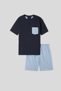 Pijama Curt amb Pantalons de Tela de Ratlles Blau