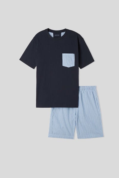 Pijama Scurtă cu Pantaloni din Pânză în Dungi Culoare Albastră