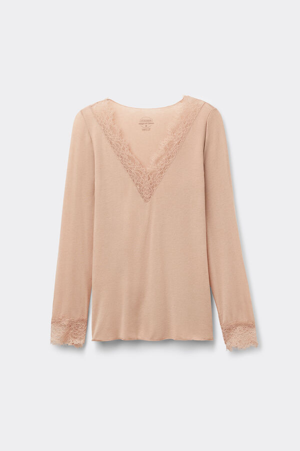 T-shirt manches longues en cachemire et dentelle