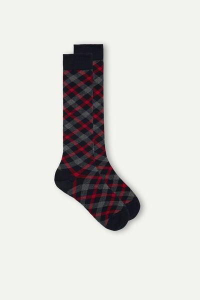 Gri/Kırmızı Ekose Desenli Termal Pamuklu Uzun Çorap