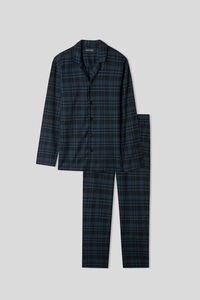 Langer Pyjama aus angerautem Stoff mit blauem Karomuster
