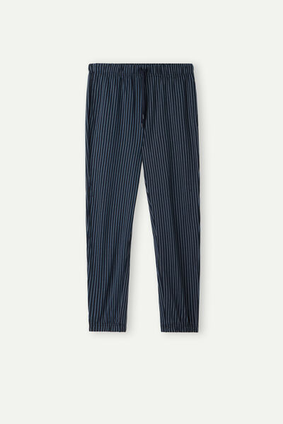 Blue Pinstripe Cotton Full-Length Trousers