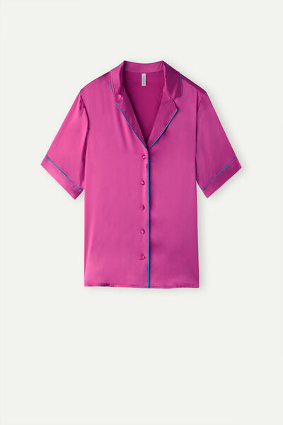 Short-Sleeved Satin Shirt with Contrasting Trim