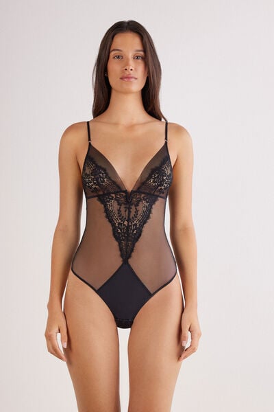 Intimissimi Bodi Tul y Encaje Sheer Glamour Mujer Negro Tamaño L