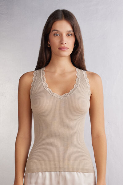 Intimissimi Canotta in Lana e Seta con Pizzo Donna Naturale Taglia L