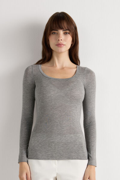 Intimissimi Camiseta de Manga Larga de Modal Ultralight con Cashmere y Escote Redondo Mujer Gris Tamaño M