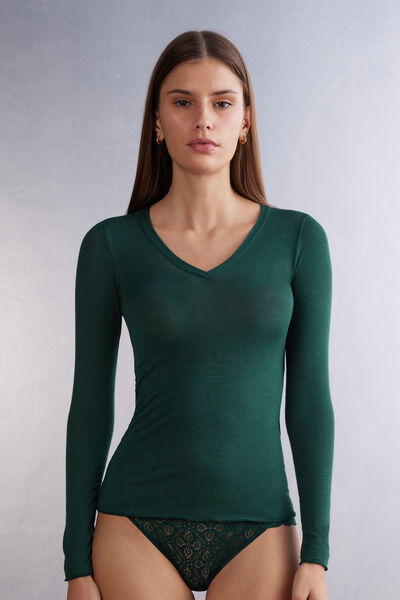 Intimissimi Maglia Scollo a V in Modal Ultralight con Cashmere Donna Verde Taglia M