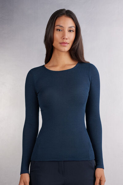 Intimissimi Maglia Manica Lunga a Girocollo Ampio in Lana e Seta Donna Blu Taglia S