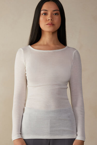 Intimissimi Camiseta de Manga Larga con Cuello Redondo Holgado de Lana y Seda Mujer Marfil Tamaño L