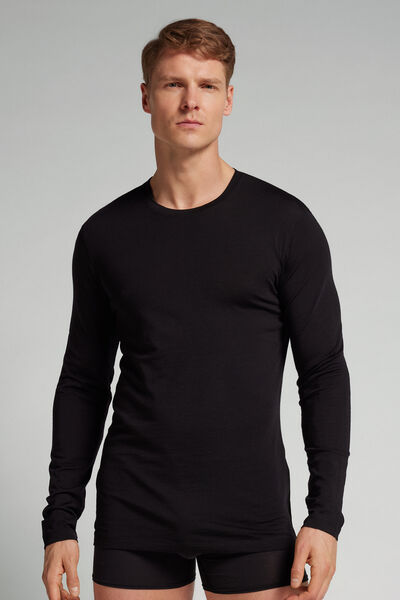 Intimissimi Camiseta Manga Larga de Lana Merina Escote Redondo Hombre Negro Tamaño S