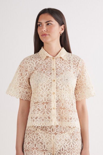 Italian Rivera Short Sleeve Lace Shirt Woman Ivory - Intimissimi - Modalova