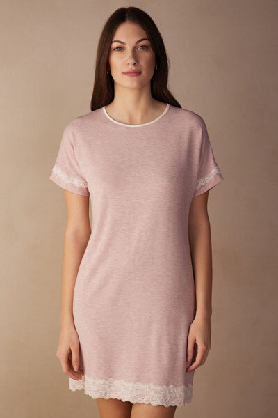Intimissimi Camicia da Notte a Maniche Corte con Dettagli in Pizzo Donna Rosa Chiaro Taglia S