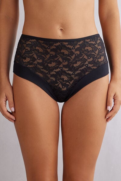 Intimissimi Culotte Brasileño de Talle Alto de Encaje Delicate Pieces Mujer Negro Tamaño XXL