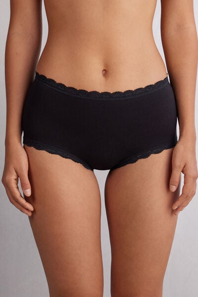 Intimissimi Braguita Culotte de Talle Alto de Algodón y Encaje Mujer Negro Tamaño S