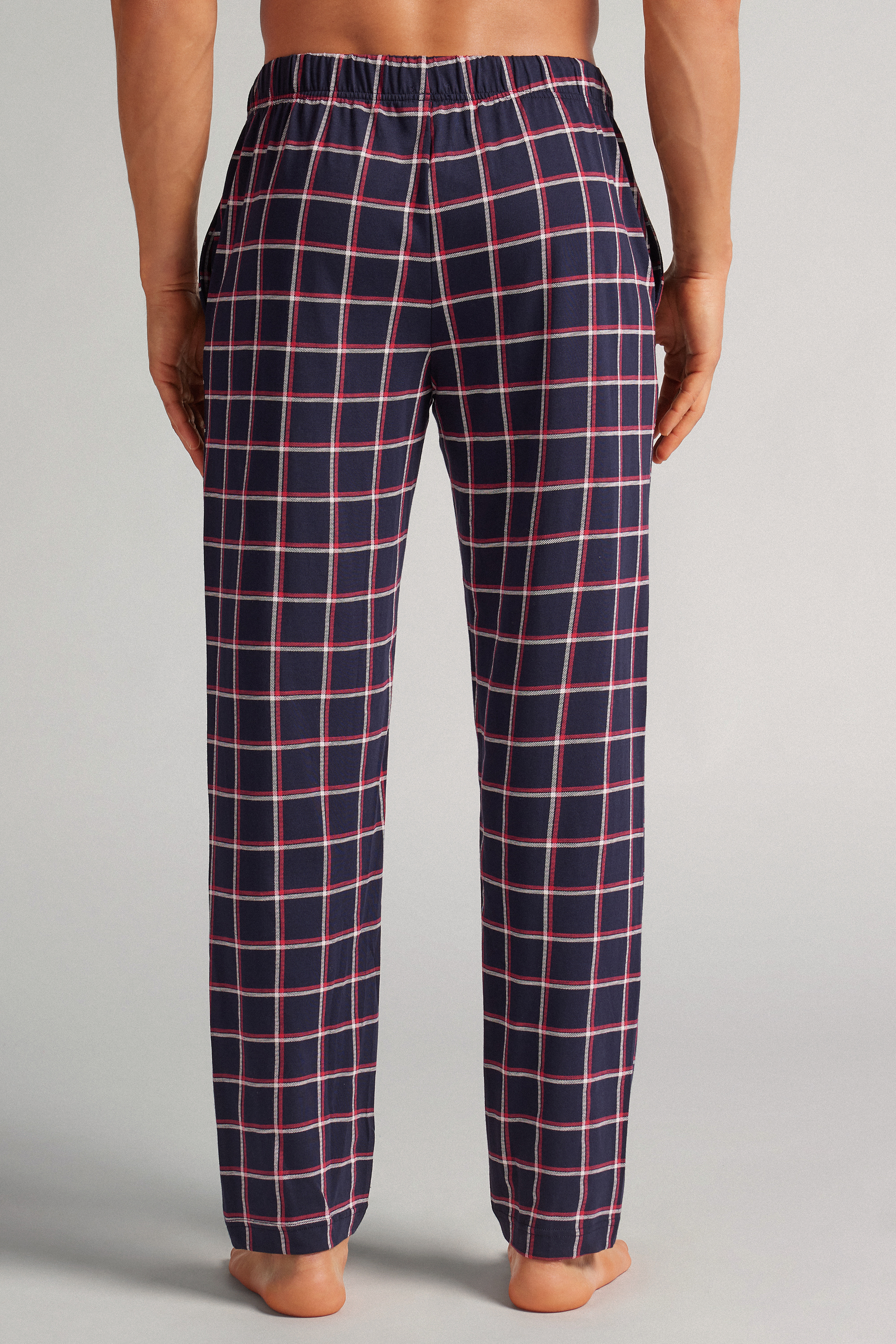 ブルー/ホワイト/レッド チェック柄プリント コットン ロングパンツ