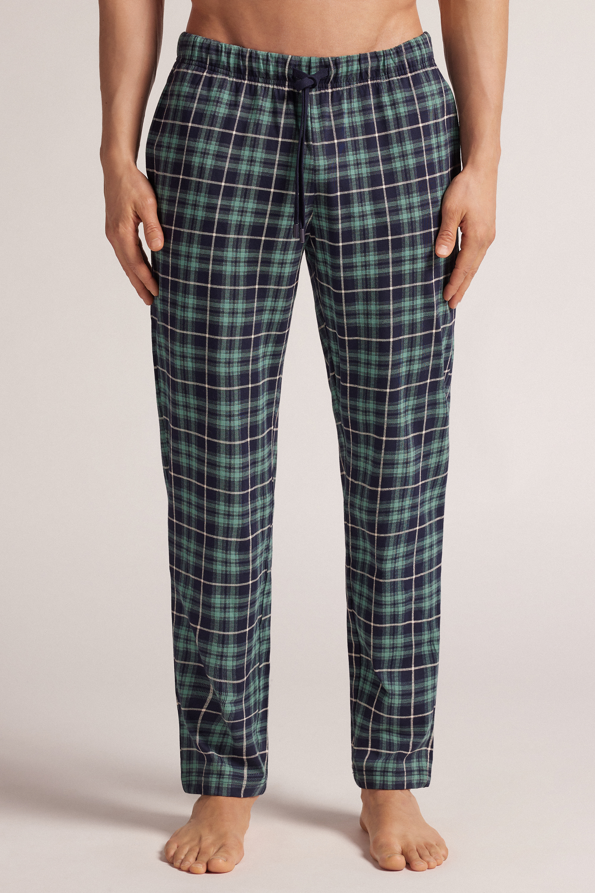 ブルー/グリーン チェック柄プリント コットン ロングパンツ