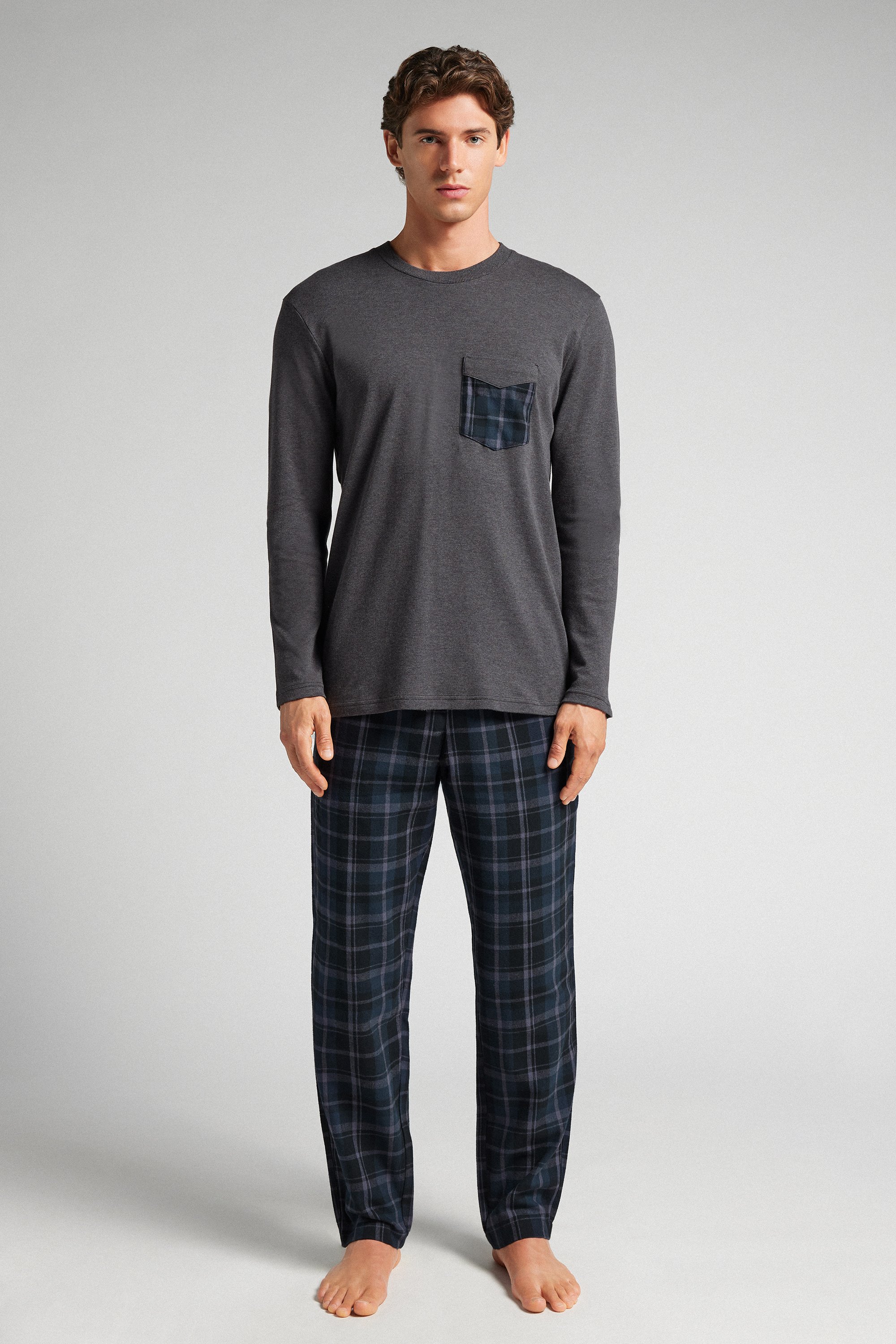 コットン チェック柄プリント ロングパジャマ