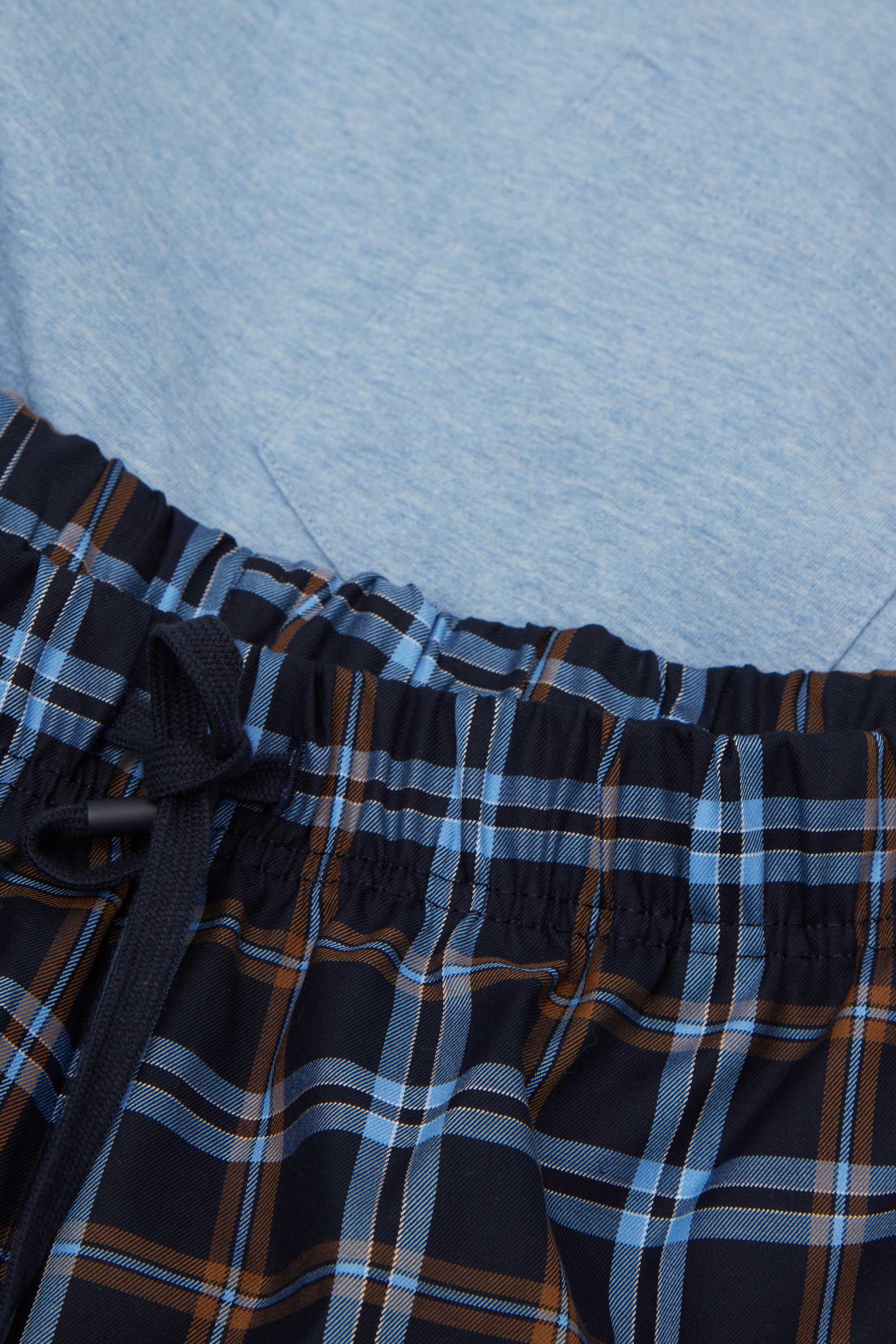 コットン＆チェック柄ファブリック ロングパジャマ（スカイブルー）