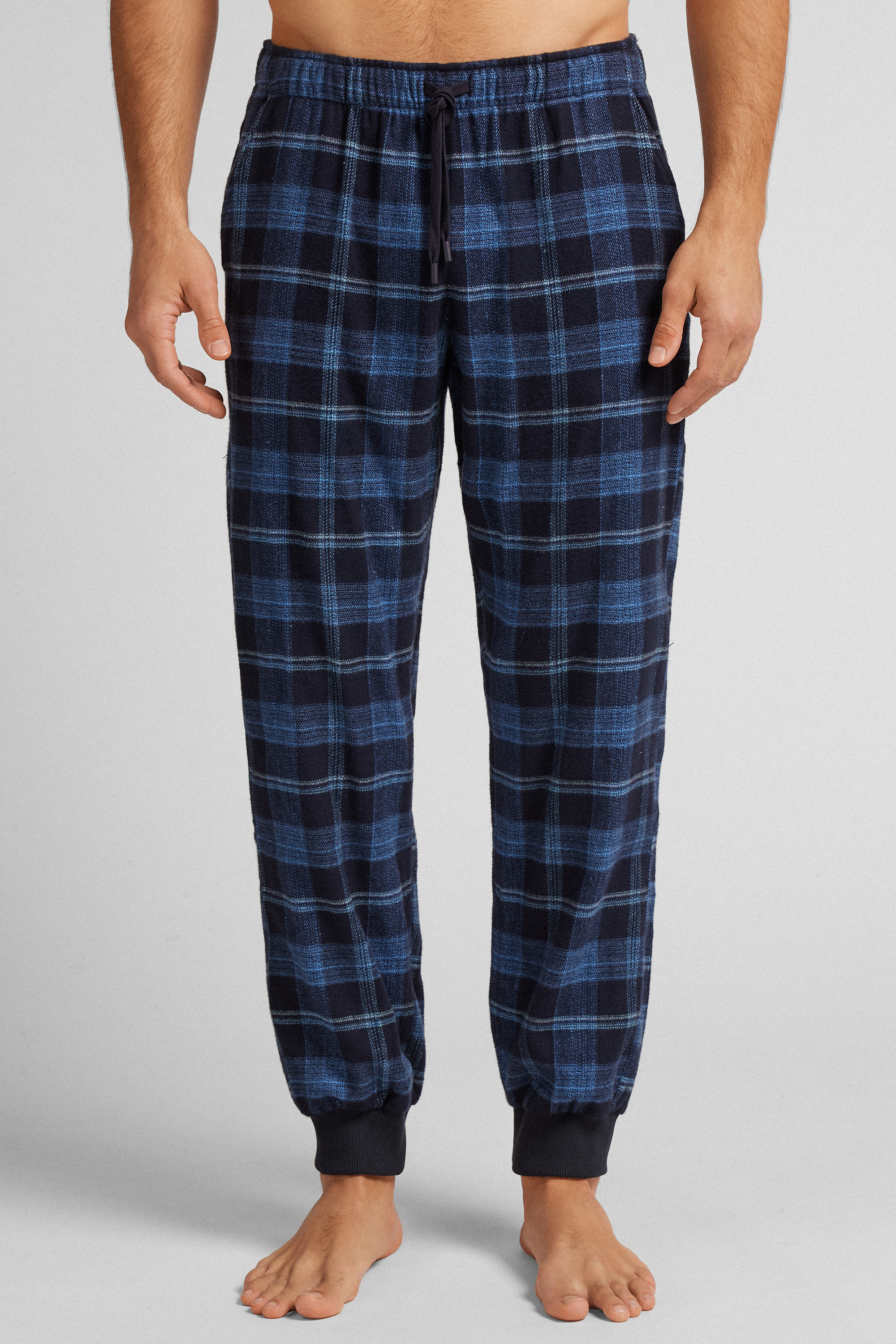 ブルー＆デニム チェックプリント 起毛コットンファブリック パンツ