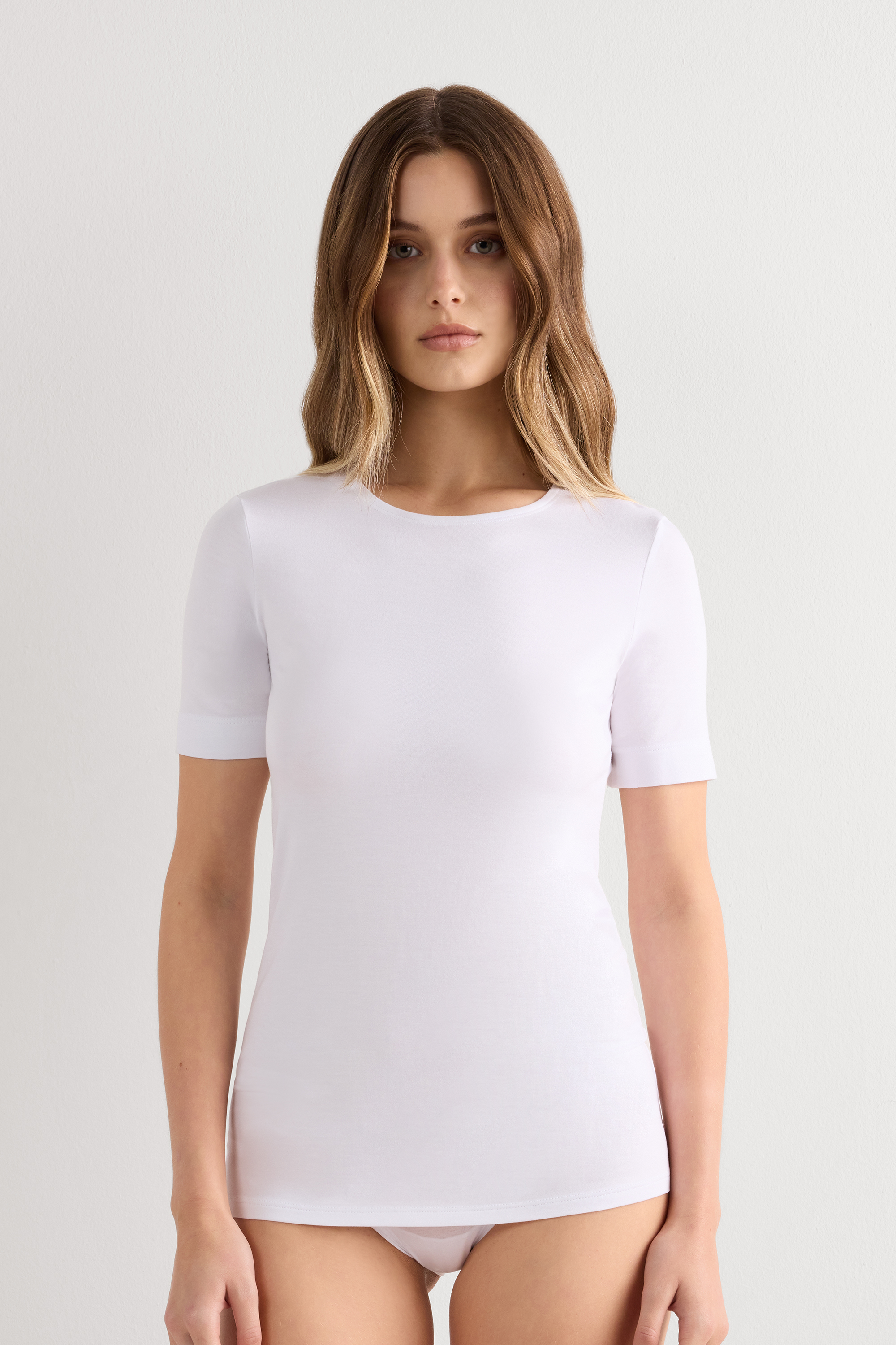 マイクロモダール ラウンドネック ショートスリーブ ニット