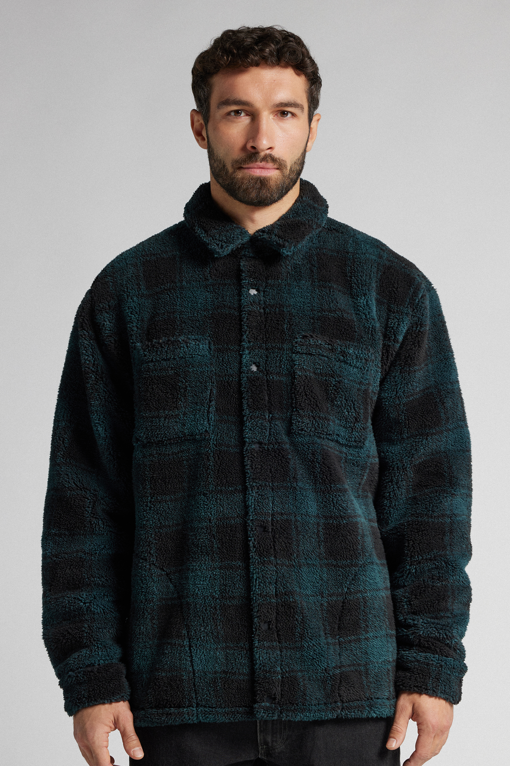 テディ チェック オーバーシャツ スウェット（ブラック＆グリーン）