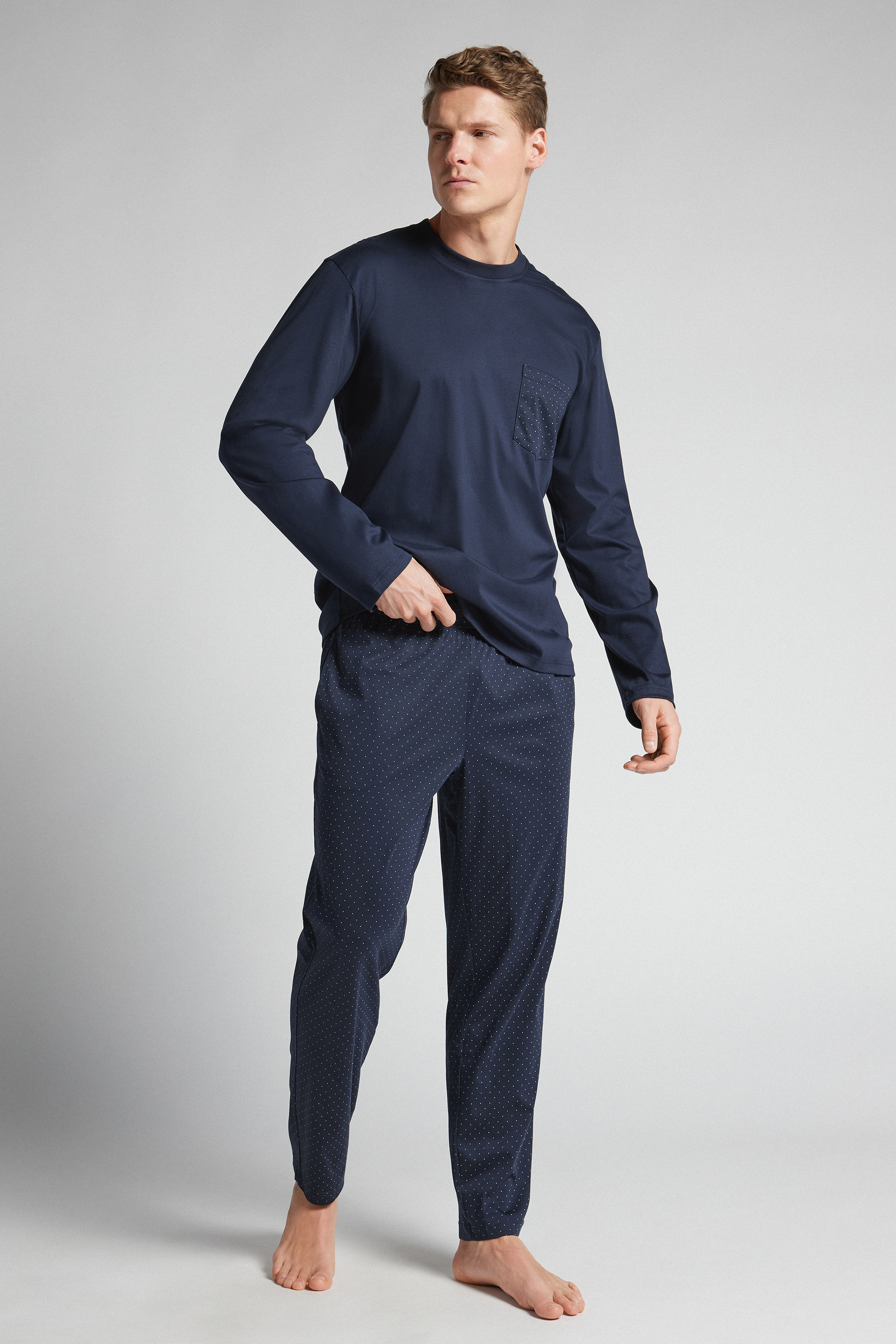 ドット柄 マーセライズド プレミアムコットン ロングパジャマ