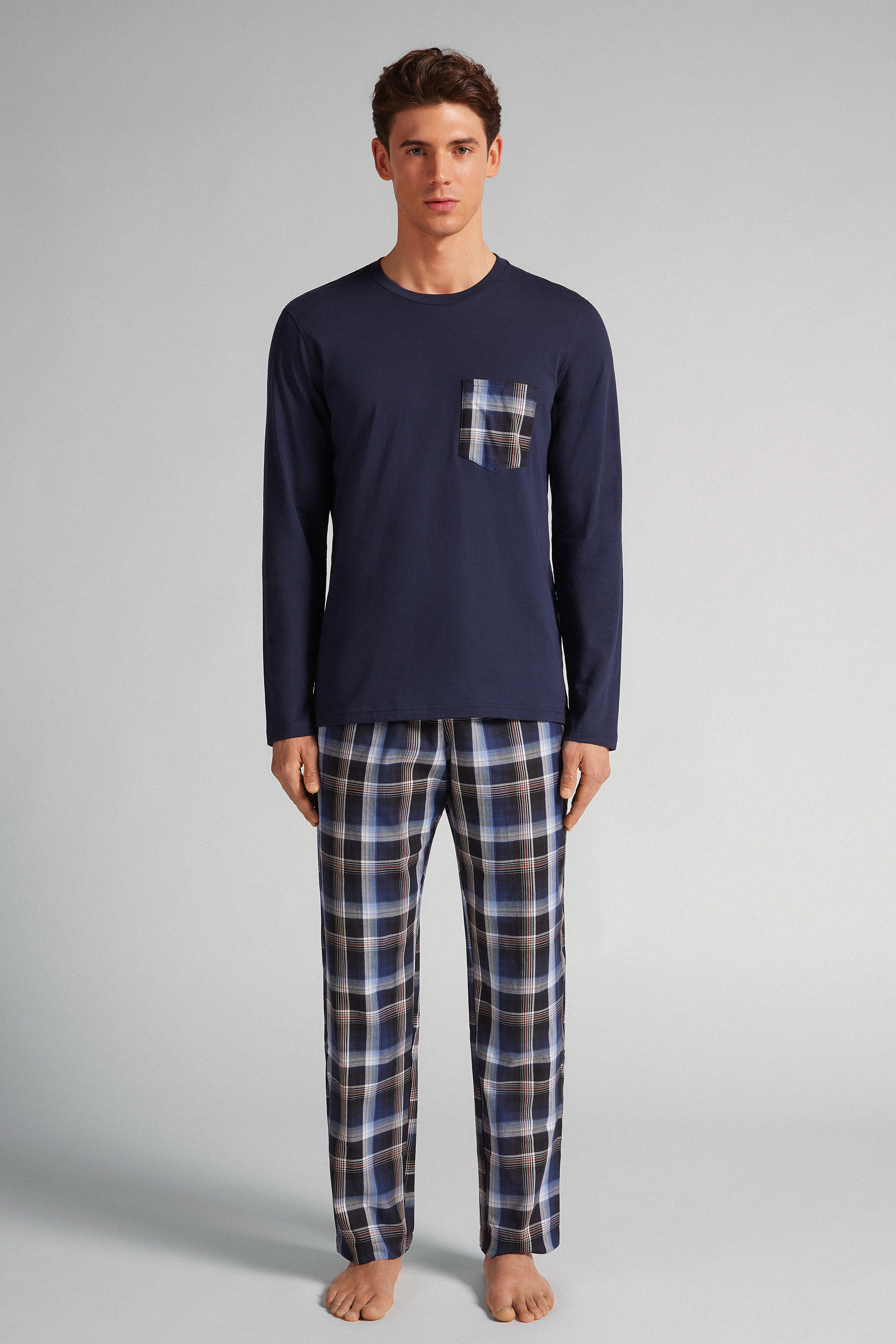 コットン＆チェックファブリック ロングパジャマ