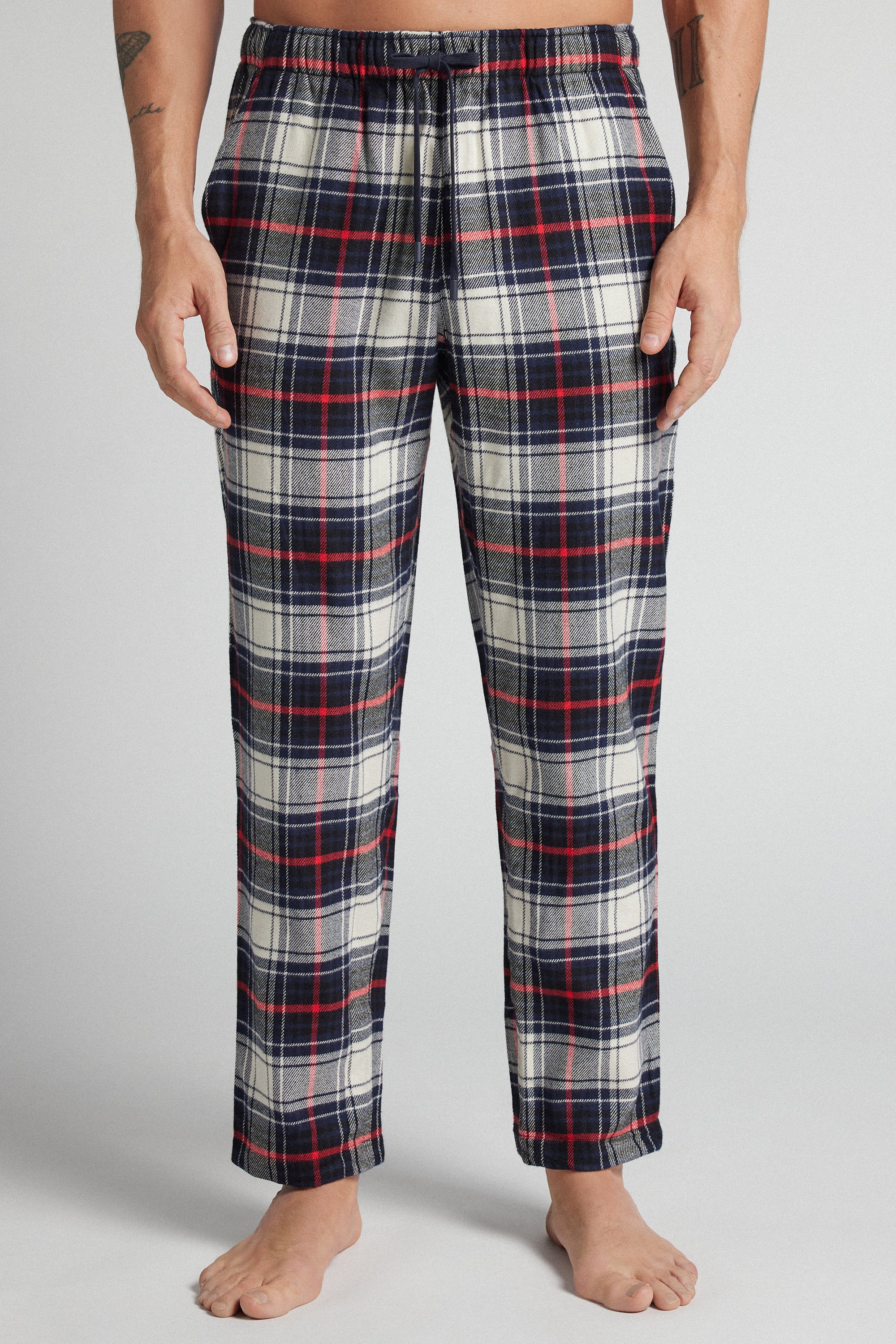 起毛コットンファブリック チェック柄プリント ロングパンツ