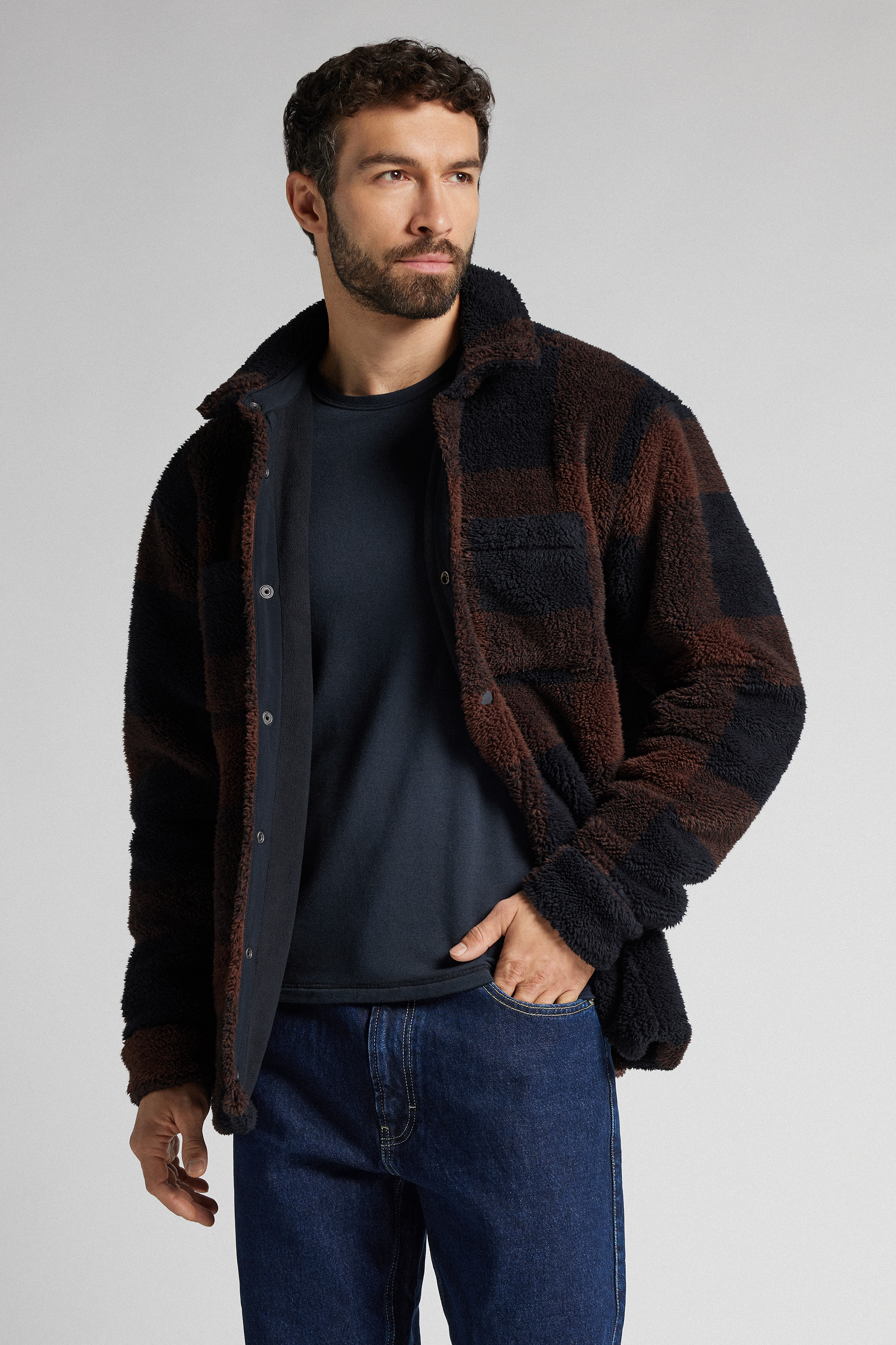 テディ チェック オーバーシャツ スウェット（ブルー＆レッド）