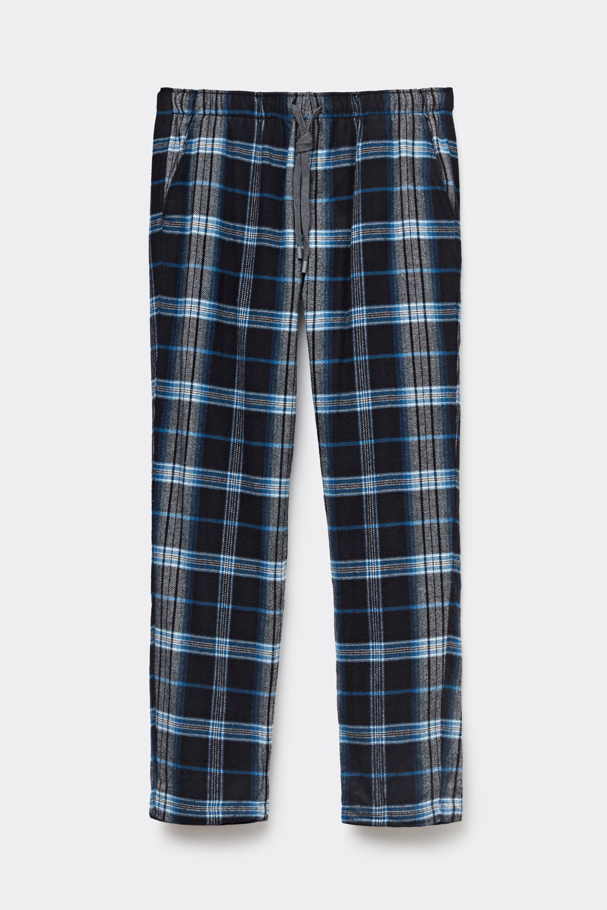 ブラック＆スカイブルー チェックプリント 起毛コットンファブリック パンツ