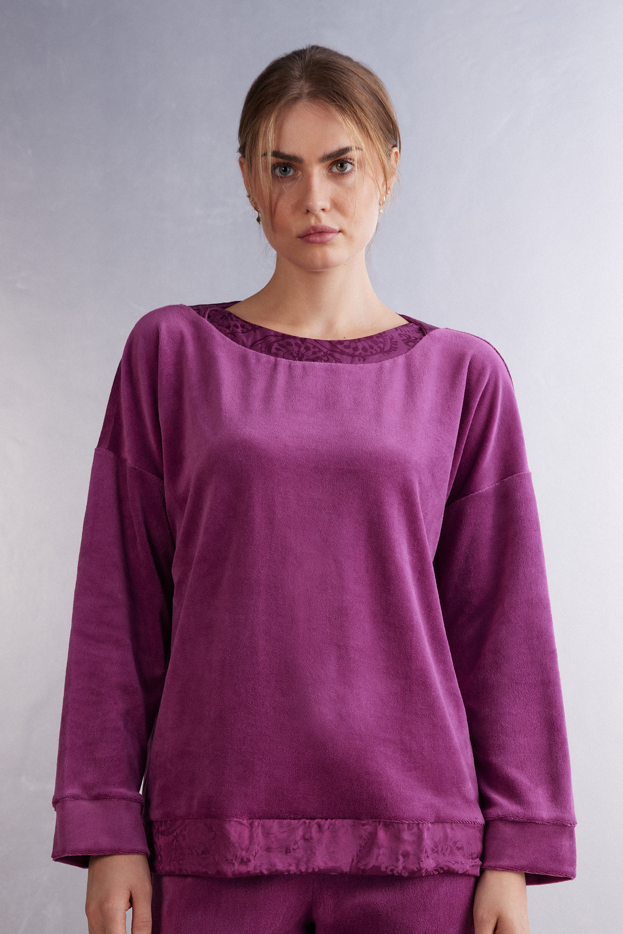 Intimissimi Velvet Paisley Long Sleeve Top in Satin Jacquard Woman Violet Size M