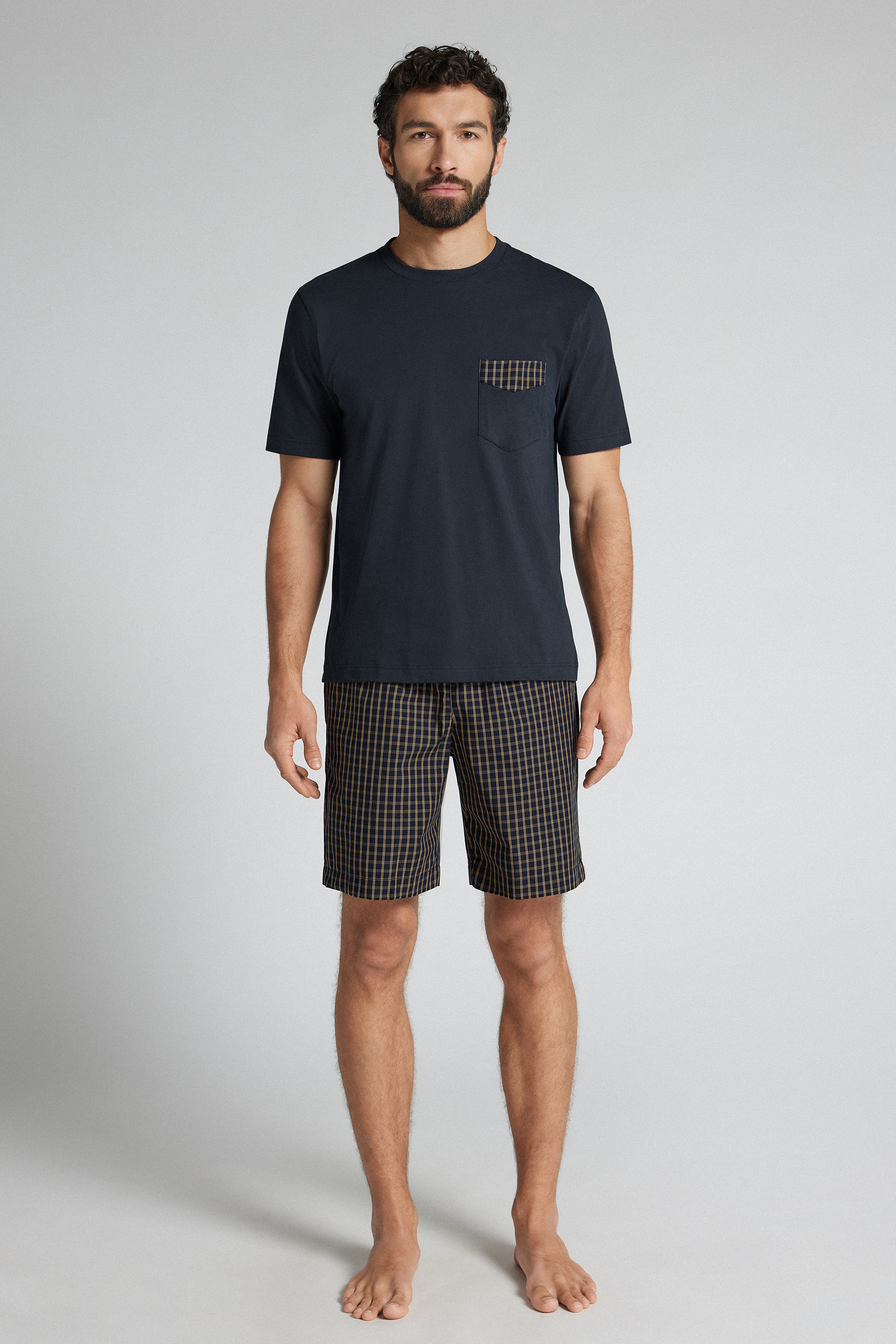 Kurzer Pyjama aus Baumwolle und Stoff mit Karomuster in Blau und ...