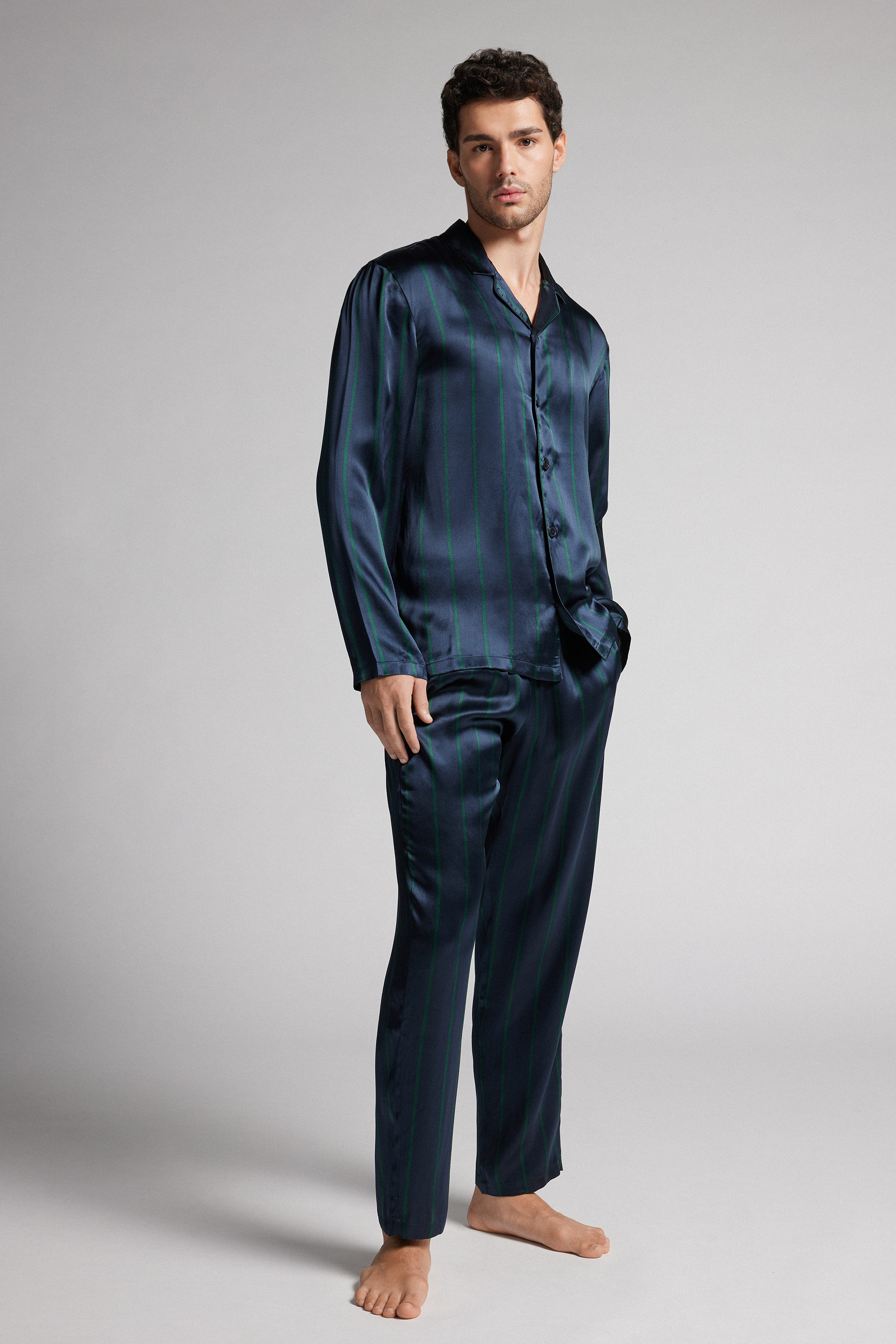 ストライプ シルク ロングパジャマ